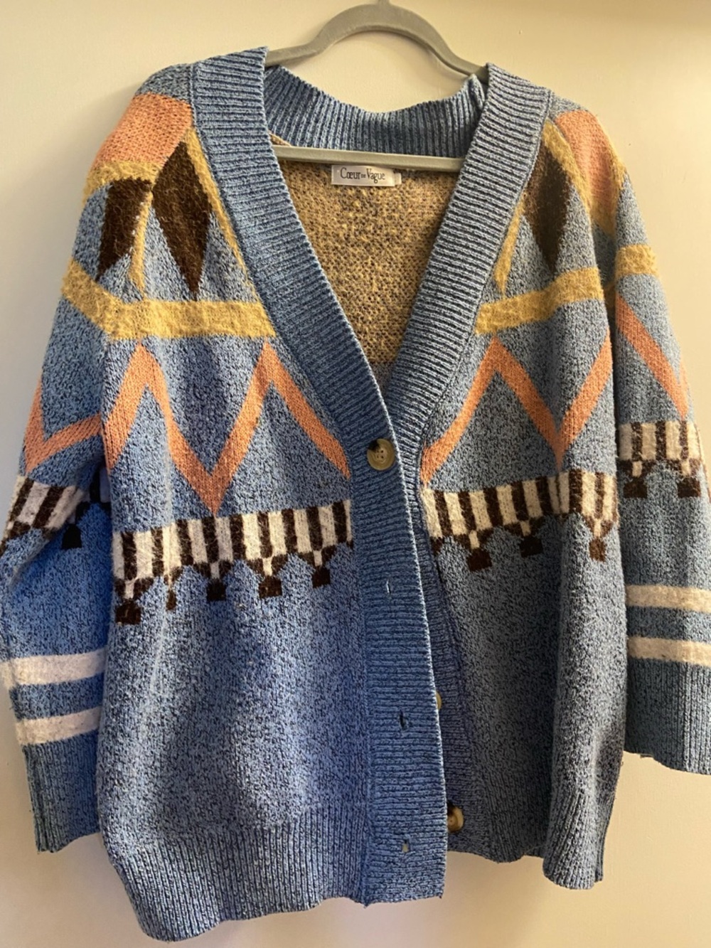 Pastel Blue Geometric Knit Cardigan Sweater